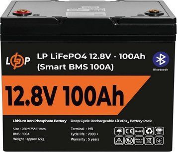 Акумулятор LP LiFePO4 12V (12,8V) - 100 Ah (1280Wh) (Smart BMS 100А) з BT пластик 302221 фото