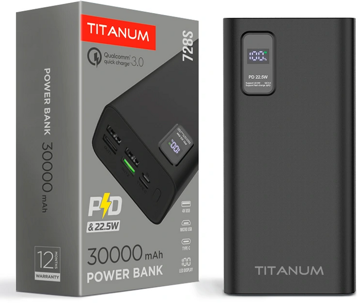 Повербанк TITANUM 728S 30000mAh 22.5W Black 99-00016943 фото