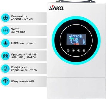 Гібридний інвертор 6.5kVA/6.2kW Sako SUNON V 6.5KVA/6200W/48V+120A MPPT 42-00165 фото