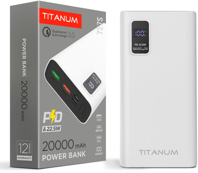 Повербанк TITANUM 727S 20000mAh 22.5W White 99-00016942 фото