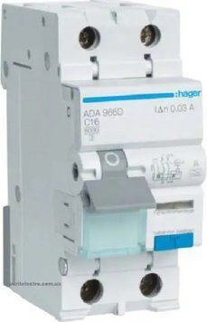 Дифференциальный автоматический выключатель Hager ADA966D ДАВ, 1P+N, 6кА, C-16A, 30мА, A. 290339 фото